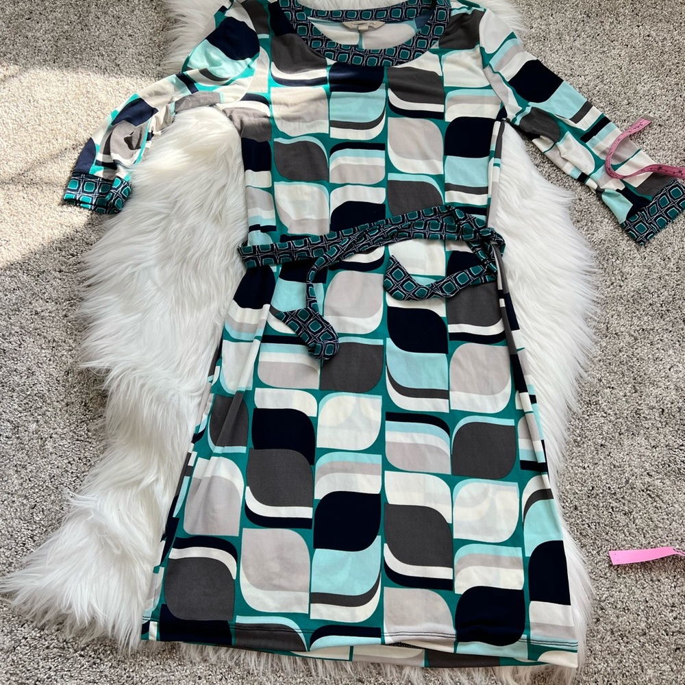 Ann Taylor geometric 3/4 sleeve mod 70s dress size xs
